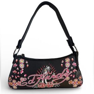 Ed Hardy Black Floral Shoulder Bag – Embroidered Tiger & Logo Purse- NWT